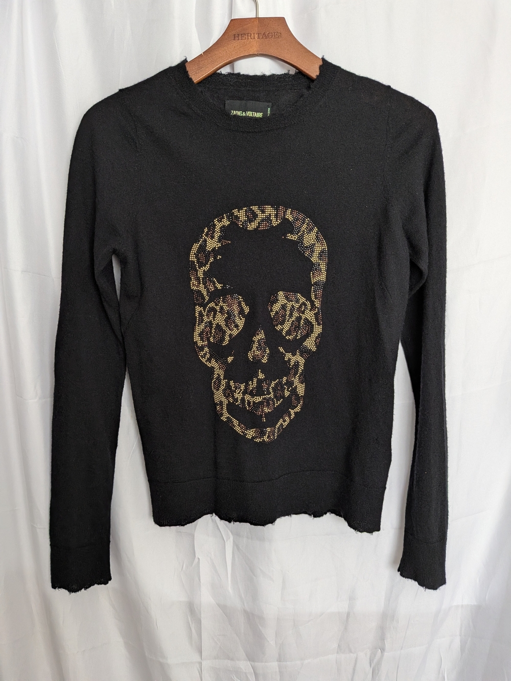 Zadig & Voltaire Black Crewneck Sweater with Gold Leopard Skull Size XS